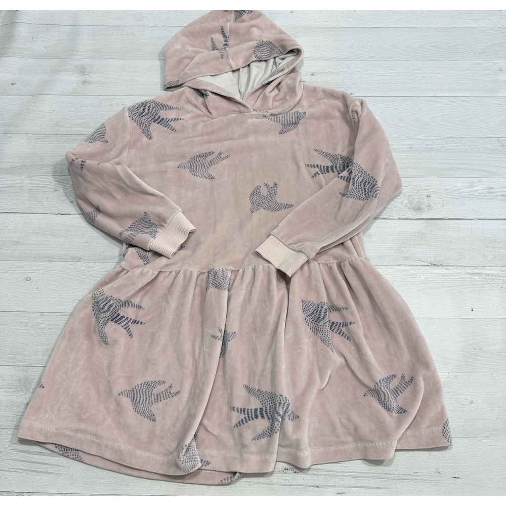Gymboree girls light pink with‎ birds velour long sleeve hooded dress 7/8